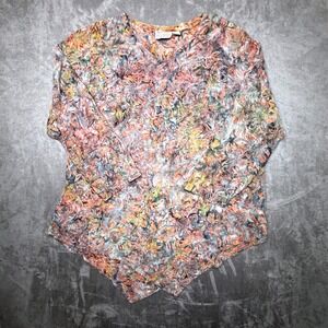 Simple People Top Womens XL Batik Floral Rayon V-Neck Sharkbite Hem Artsy Boho